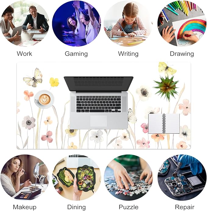 Colorful Star Large Mouse Pad, Watercolor Floral Desk Mat Office Supplies, Waterproof PU Leather Gaming Mousepad for Women Girls, Butterflies Desk Pad Home Office Décor Accessories 31.5" x 15.7"