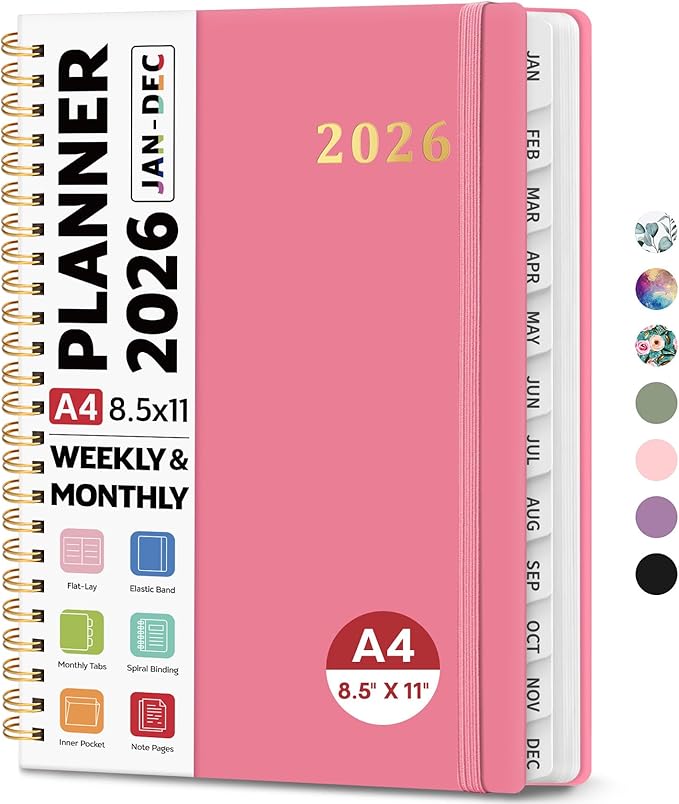 2026 Planner 8.5" x 11", Weekly and Monthly Calendar Planner Book, January 2026 - December 2026, Hardcover Spiral Planner with Monthly Tabs, Notes Pages, Perfect for Women & Men, A4 - Rose Red