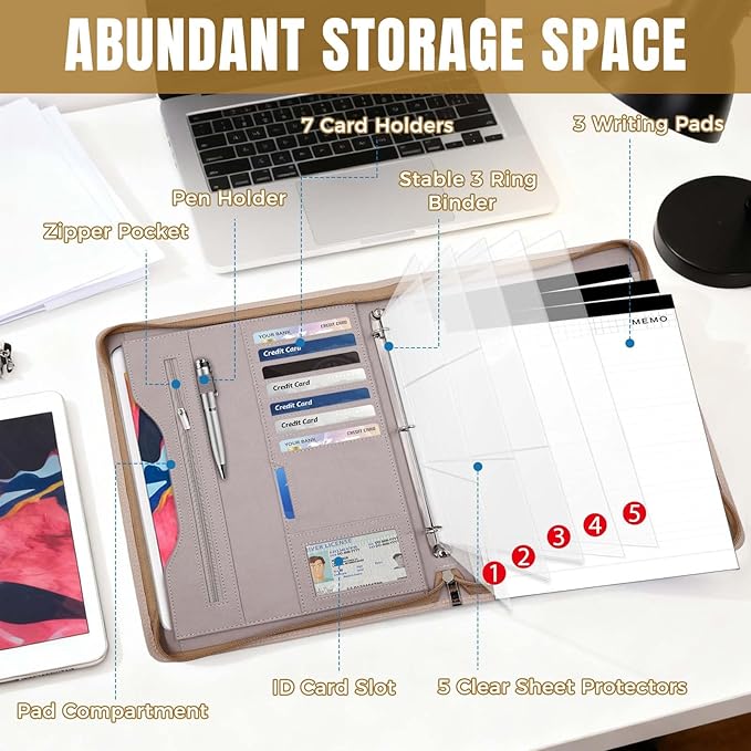 Padfolio Portfolio Folder Binder-Organizer Planner Notebook Zippered Portfolio Padfolio for Women & Men with Document Sleeve,Letter/A4 Size Clipboard,Business Card Holders (Brown Leaf)