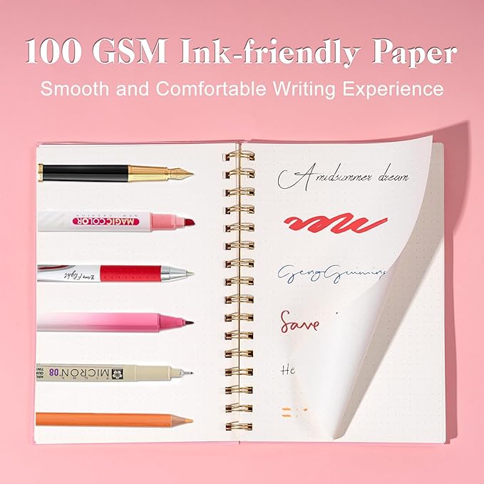 Dot Grid Spiral Notebook A5 Spiral Bullet Dotted Journal 160 Pages Thick Dot Paper Notebooks Plastic Hardcover Spiral Notebook 5x7 Wire Bound Notebooks for Note Taking School Office Supplies,Pink