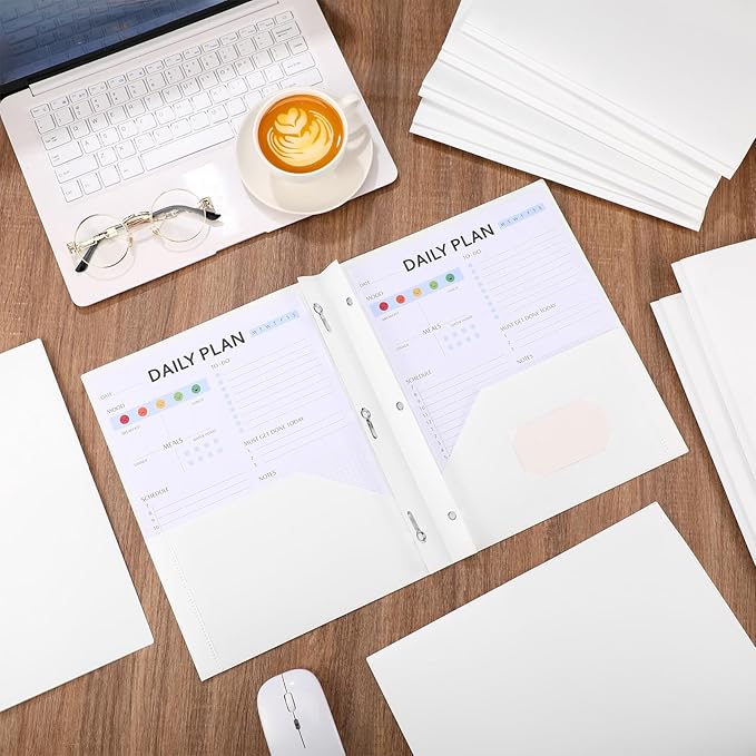 Patelai 48 Pcs Plastic Folders with 2 Pockets and 3 Prongs Home Folders with Card Slot Letter Size Heavy Duty Report Covers for Back to School(White,Classic)