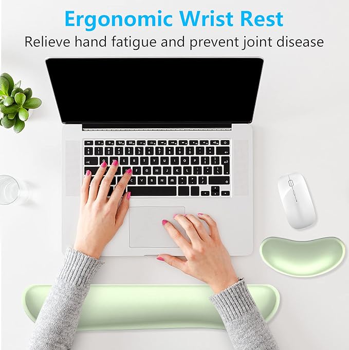 Dapesuom Enlarge Keyboard Wrist Rest, Memory Foam Wrist Cushion for Desk Mats Support, Cute Typing Pain Relief Keyboard Mouse Pad Rests Set with Non-Slip Base for Gaming Laptop Office, Lake Green