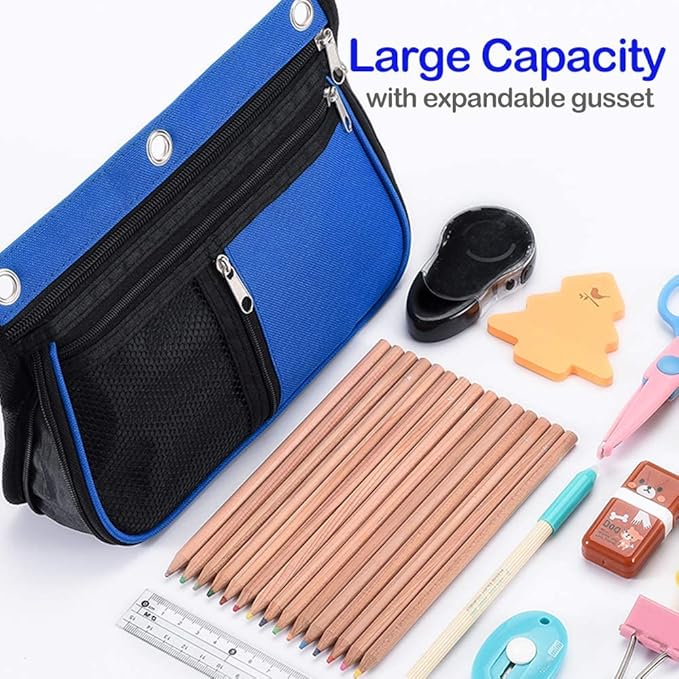 Sooez Pencil Pouch for 3 Ring Binder，Expandable Zipper Pencil Pouch, Fabric Pencil Pouches Binder Pockets, Large Capacity Binder Pouch, Pencil Case for Binder, Pencil Pouch 3 Ring(Blue/Black)