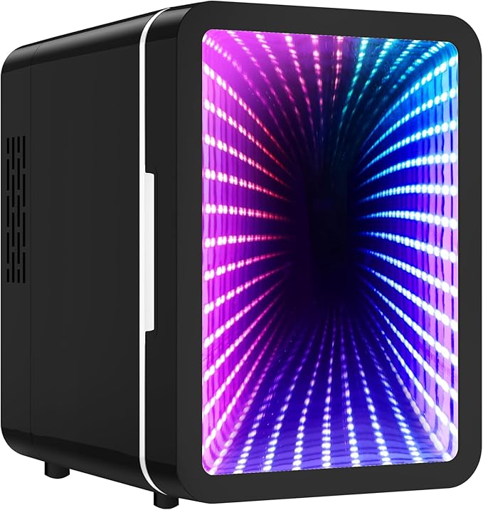 Skincare Fridge - 4L Mini Fridge with Thousand-layer Mirror of 12 Color Adjustable LED Lights, Cooler and Warmer, Beverage Cooler for Bedroom, Gaming Room, Office and Car, Black