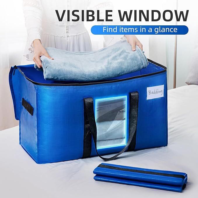 TAILI Extra Large Moving Bags, 12 Pack Blue Heavy Duty Totes For Storage with Visible Window, Wrap Around Handles, Storage Bags for Space Saving, Alternative to Moving Boxes