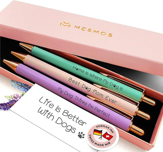 MESMOS 3-Pack Dog Mom Gifts, Mothers Day Gifts for Mom, Fancy Pens for Women, Dog Lovers Gift for Women and Owners, German-Made Ink Ballpoint Pens, Swiss-Made 1mm Medium Tip