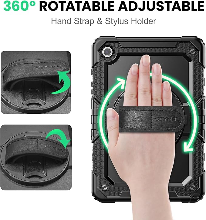 SEYMAC Case for Samsung Galaxy Tab A9+/ A9 Plus Case 11" 2023 (SM-X210/X216/X218), Heavy Duty Shockproof Protective Case with Screen Protector, Rotating Stand and Hand/Shoulder Strap, Black