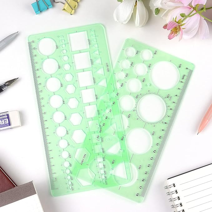 Tamaki Circle Template Measuring Geometry Ruler Geometric Drawings Stencils Rulers Scale Drafting Digital Drawing Set for Office and School Building Formwork Drawings Templates, 2 Pack