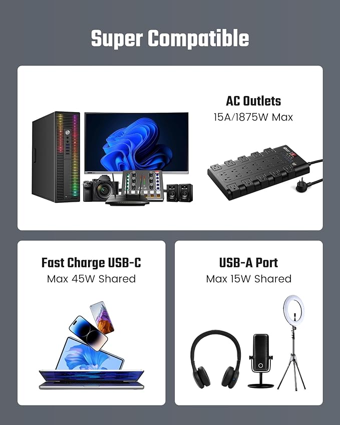 10Ft Power Strip Surge Protector, SUPERDANNY Charging Station 22 Outlets with 45W Type-C Fast Charging USB Ports, 4 USB-A, 2 USB-C, 2100J, 15A/1875W, Flat Plug Extension Cord for Home Office Black