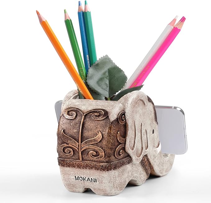 MOKANI Pen Pencil Holder with Phone Stand, Multifunctional Elephant Shaped Desk Organizer Desk Decor Elephant Gifts for Women Cute Desk Accessories Home Office Decoration Thanksgiving Christmas Gift