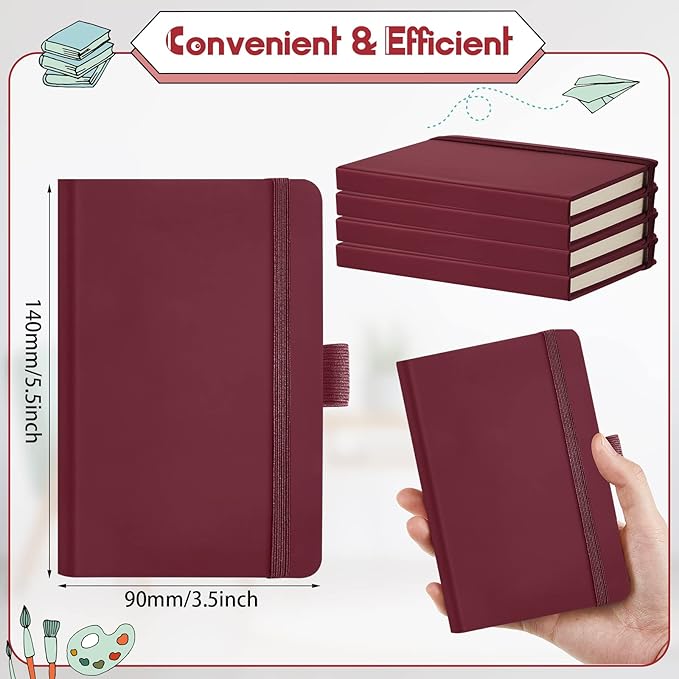 40 Pieces Small Notebooks A6 Pocket Journals 3.5 x 5.5 Inch Small Leather Notebook Mini Ruled Lined Journal with Elastic Band Pen Holder Page Marker Ribbons (Wine Red)