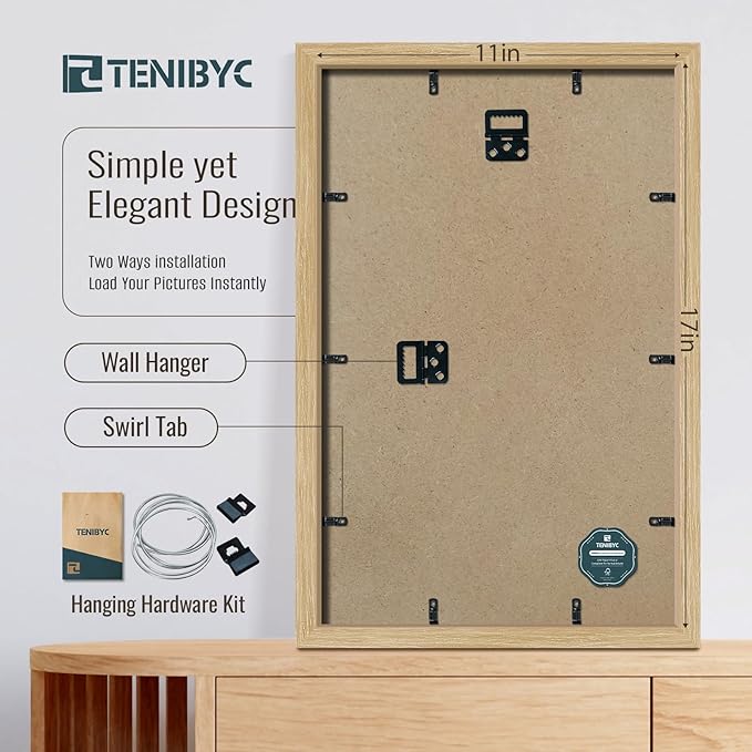 11x17 Picture Frame 3 Pack, Natural Oak Wood Poster Frame, HD Tempered Glass, Wall Hanging