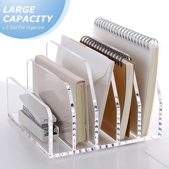SANRUI Acrylic Desk File Organizer Holder for Desk, Clear Laddered 5 Upright Compartments Mail Sorters, Multifunction Desktop Envelope Folder Racks Document Holders for Office, Home, School