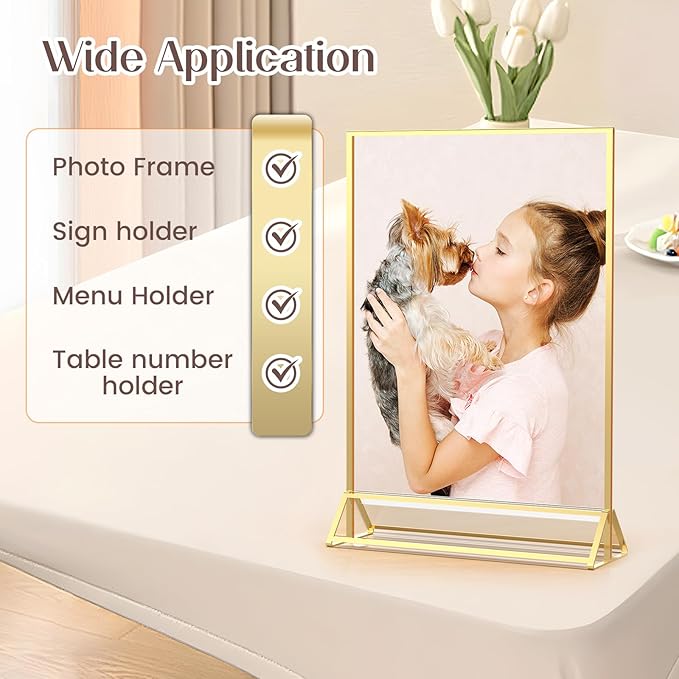 Gold Frames 4X6 Acrylic Sign Holder Double-Sided Acrylic Picture Frames Display Stand for Flyer Holder Menu Holder Wedding Table Number with Removable Sticky Dots-24 Pack