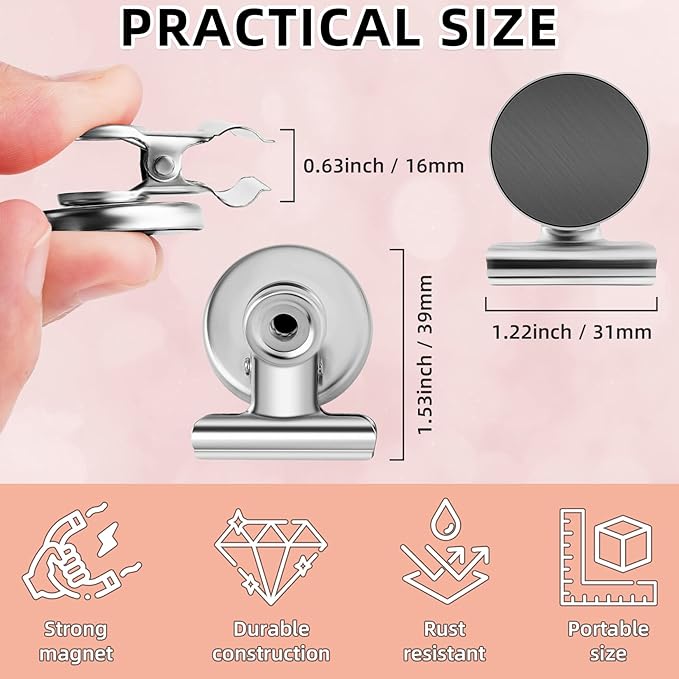 Grtard 6 Pack Magnetic Clips Heavy Duty, Magnet Clips for Fridge, Refrigerator Magnets, Strong Magnetic Clip,Scratch Free Magnets with Clip for Refrigerator, Whiteboard, Classroom, Locker(Silver)