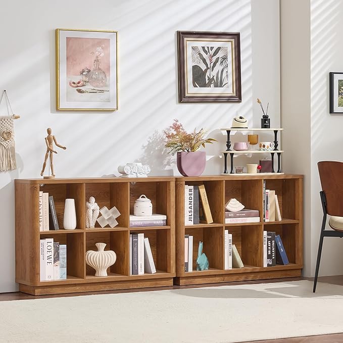 6 Cube Storage Book Shelf, 40" Wide Low Horizontal Bookcase with Curved Edge, Floor Standing 2-Tier Wooden Bookshelf with Base, Modern Short Book Case for Bedroom, Study, Entryway, Brown