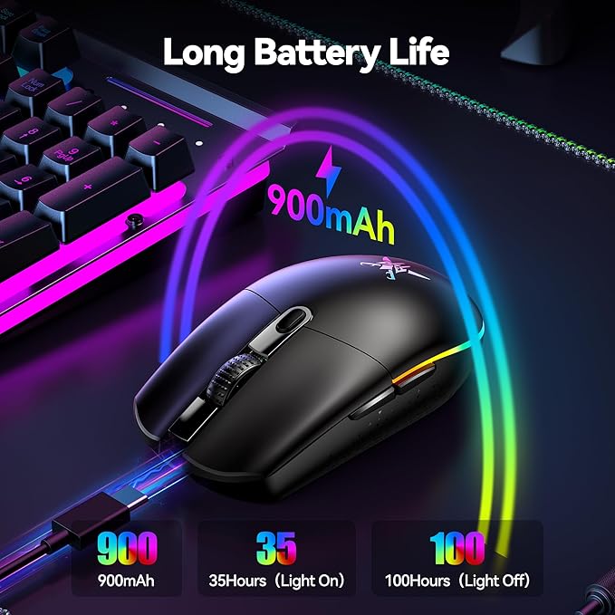 TECKNET Wireless Gaming Mouse Rechargeable - 8000 DPI, Long-Lasting 100Hrs Battery, RGB Backlit, 6 Programmable Buttons, Dual Connectivity (2.4G + USB-C) for PC, Mac, Laptop - Black