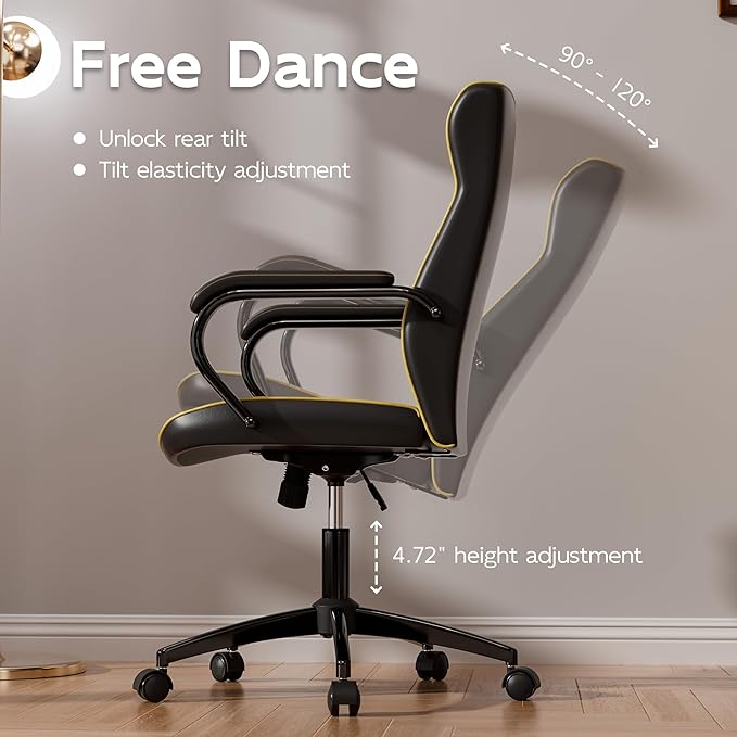 Black Office Chair with Soft Leather Embroidery, Mid Back Vintage Swivel Executive Desk Chair with Wheels and Padded Arms, Adjustable Height