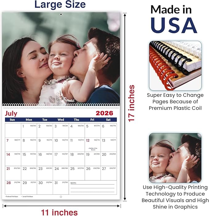 Custom Photo Wall Calendar 2026 - Personalized Family & Office Photo, Print Your 13 Memories Custom - Perfect for Parties, Birthdays & Christmas Gifts (Cover 4（11"×17"）, 3 x Calendars)