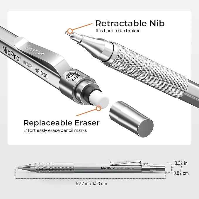 Nicpro 4 Pack Metal Mechanical Pencil Set 0.5 mm & 0.7mm with Case, Artist Pencil MP1000 with 8 Tubes HB & 2B Lead Refill, 3 Eraser, 9 Eraser Refill For Art Writing Drafting Drawing,Black & Silver