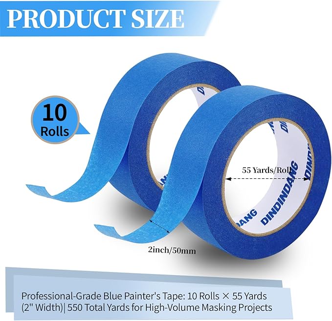 10 Rolls Painters Tape 2 Inch Wide Bulk, No Residue Blue Paint Tape 2 Inches x 55 Yards, Easy-Release Masking Tape for Painting Walls, Baseboards and Home Renovation