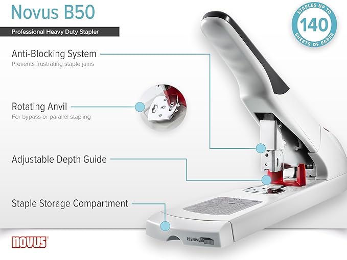 Novus B50 Heavy Duty Stapler, 140 Sheet Capacity, Anti-Jam, 3" Stapling Depth w/Adjustable Guide, Staple Bypass, German Engineered (023-0060)