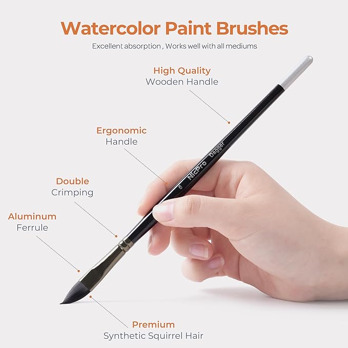 Nicpro 24pcs Watercolor Brushes Professional, Soft Synthetic Squirrel Hair Watercolor Brush Set with Cloth Roll, Round, Liner, Flat, Filbert, Dagger, Cat Tongue for Water Color Gouache Inks Painting