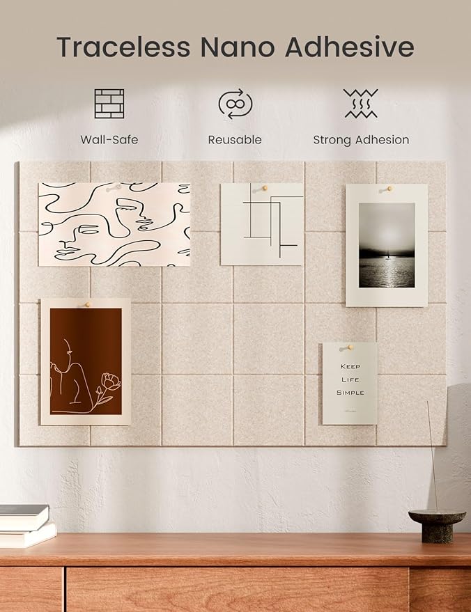 Bumusty Large Cork Board Alternative-36 x24 Felt Bulletin Board Tiles, with 30 Pushpins, 40 Adhesive Tabs, 6-Pack Slat Wall Paneling, Cork Boards for Office Push Pin Board Felt Board-Oatmeal