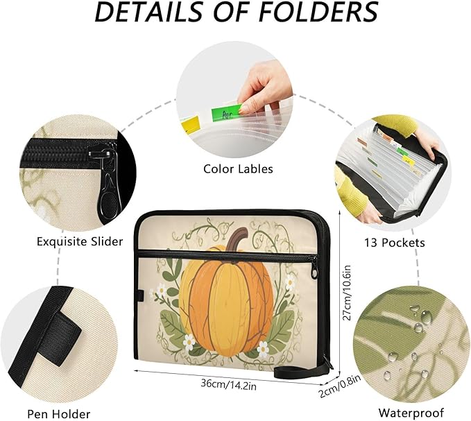 Orange Pumpkin and Leave Expanding File Organizer with 13 Pockets Accordion File Folders with Labels,Portable Document Paper Bill Receipt Organizer,Home College School Office Supplies, Letter S