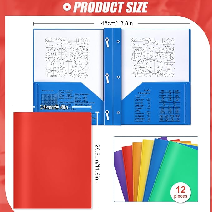 Yeaqee 12 Pcs Plastic Folders with Pockets and Prong Plastic Folders with 2 Pockets Pocket for Office, School for Students, Teachers, Office Workers(Stylish Color)