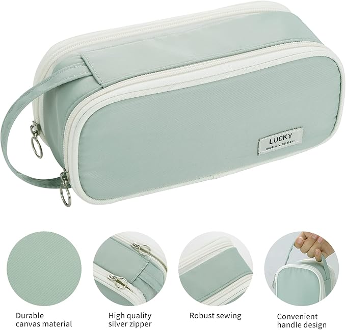 Dugio Big Pencil Case for Girls Teens Kids Zipper Pencil Pouch with Handle Organizer Pencil Bag Aesthetic Pencil Pen Case for School Green