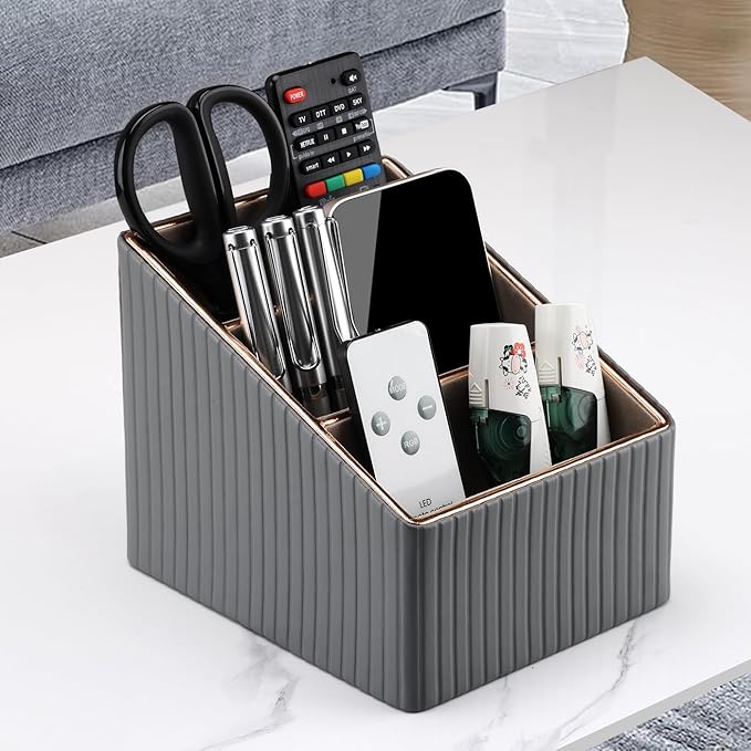 KINGFOM 3 Slot PU Leather Remote Controller Holder, Home Sundries Storage Box, TV Guide/Mail/CD Organizer/Caddy/Holder with Free Cable Desk Organizer (Grey)