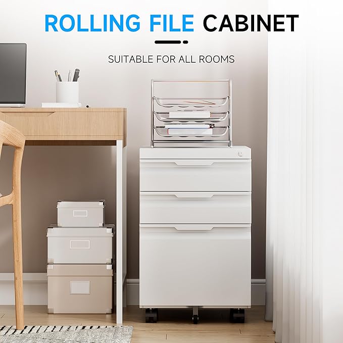 Bestoo 3 Drawer Mobile File Cabinet, Metal Filing Cabinets with Lock Wheels Under Desk, Lockable Rolling File Cabinet for Home Office, Fit Letter/Legal/A4 Size (White)
