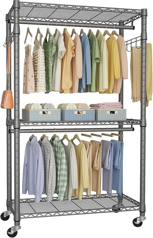 P1 Heavy Duty Garment Rack, 3 Tiers Adjustable Rolling Metal Closet Organizer with Lockable Wheels, FreeStanding Wardrobe with Double Hanger Rods & 1 Pair Hooks, Max Load 450 LBS, Gray