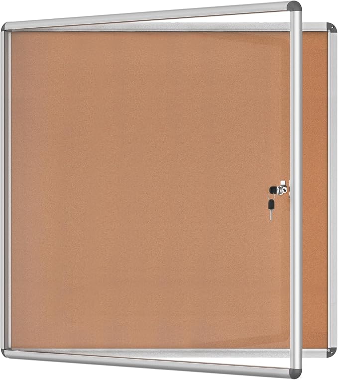 38"x38" Enclosed Bulletin Board, Lockable Weather-Resistant Aluminum Cork Noticeboard for School & Office, Silver Frame w/Cork