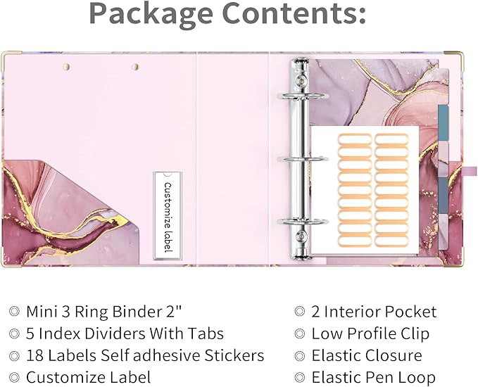 Ospelelf Mini 3 Ring Binder 2 Inch, Cute Binder for 5.5" x 8.5" with 5 Tab Dividers, File Folder Labels and Low Profile Clipboards, Pink Marble Binder for School Supplies and Office Supplies