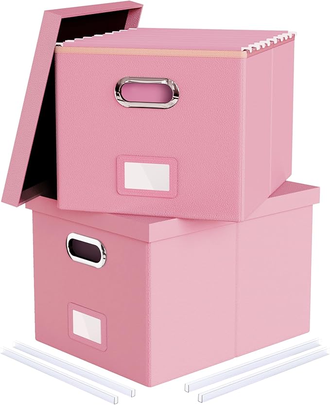 2 Pack Pink Leather File Storage Organizer with Lid - Portable Filing Box for Letter/Legal File Folder Storage