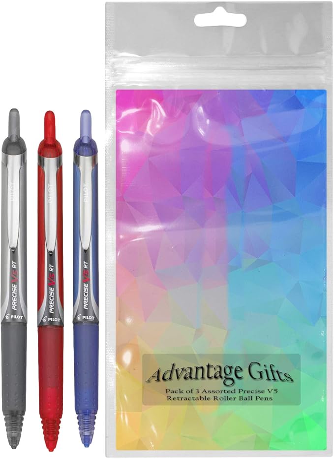 Precise V5 RT Retractable Rolling Ball Pens, Extra Fine Point (.5mm), Assorted Colors Black/Blue/Red Ink, 3-pk; Premium Comfort Grip, Bundle with Plastic Reusable Pouch
