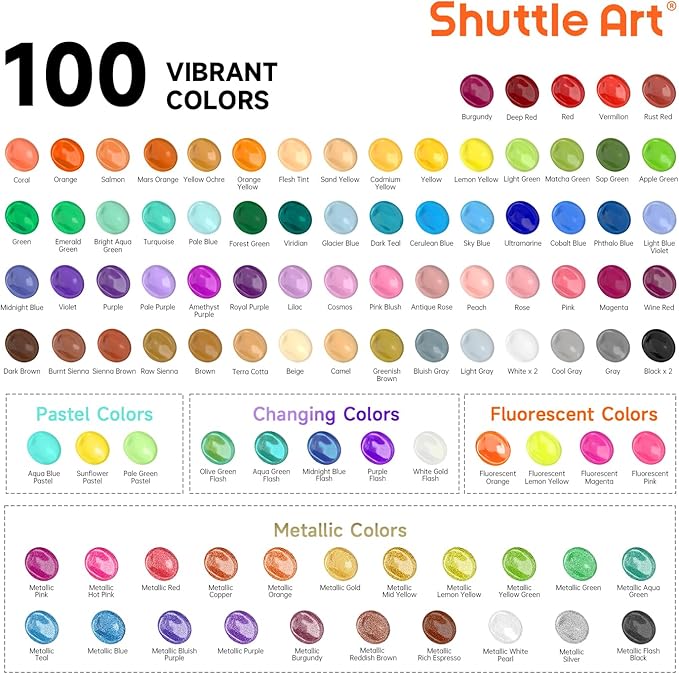 Shuttle Art 100 Colors Acrylic Paint, 2oz/60ml Bottles, Include 2 Sets of 12 Paint Brushes, 1 Art Sponge & Palette, Premium for Artists, Beginners & Kids on Canvas Rocks Wood Ceramic