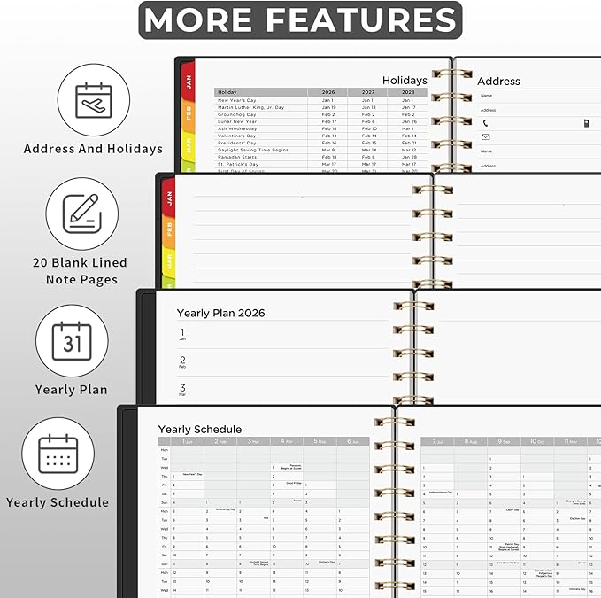 EMSHOI 2026 Planner - Weekly and Monthly Calendar (Jan-Dec), A5 (5.7"x8.3") Hardcover, 100GSM Thick Paper, PVC Cover, Inner Pocket, Colorful Tabs, Note Pages for Work School Home, Black