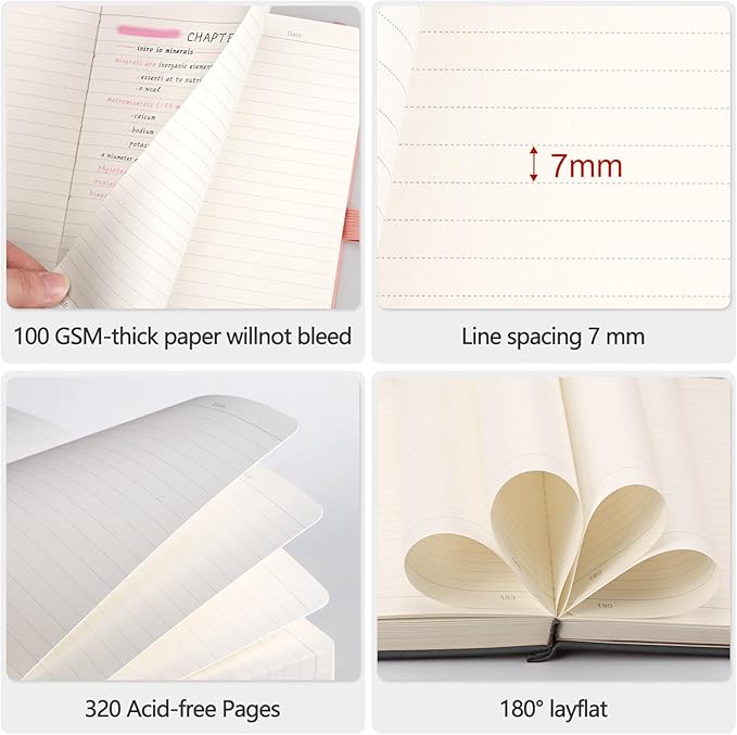 AHGXG 8.5''×11'' Notebook College Ruled - Large A4 Notebook Lined Journal - 320 Pages Thick Journal for Writing, 100gsm Thick Paper, Leather Softcover, for Work School - Black