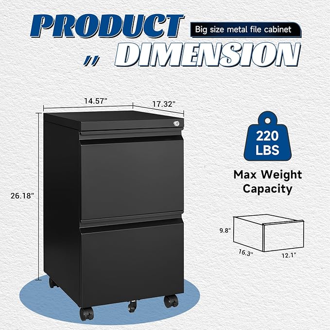 2 Drawers Vertical File Cabinet - Fully Assembled Black Under Desk Mobile Filling Cabinet Small Lockable Home Office File Cabinets for A4/Letter/Legal Size