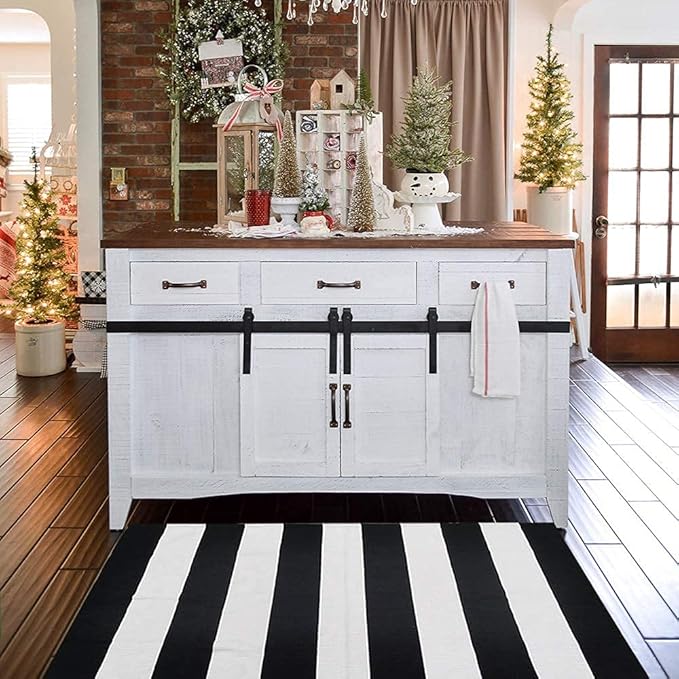 Black and White Striped Outdoor Rug 27.5X 43 inches Front Door Mat Hand-Woven Cotton Indoor/Outdoor for Layered Mats,Welcome Mat, Porch,Farmhouse,Kitchen,Entry Way