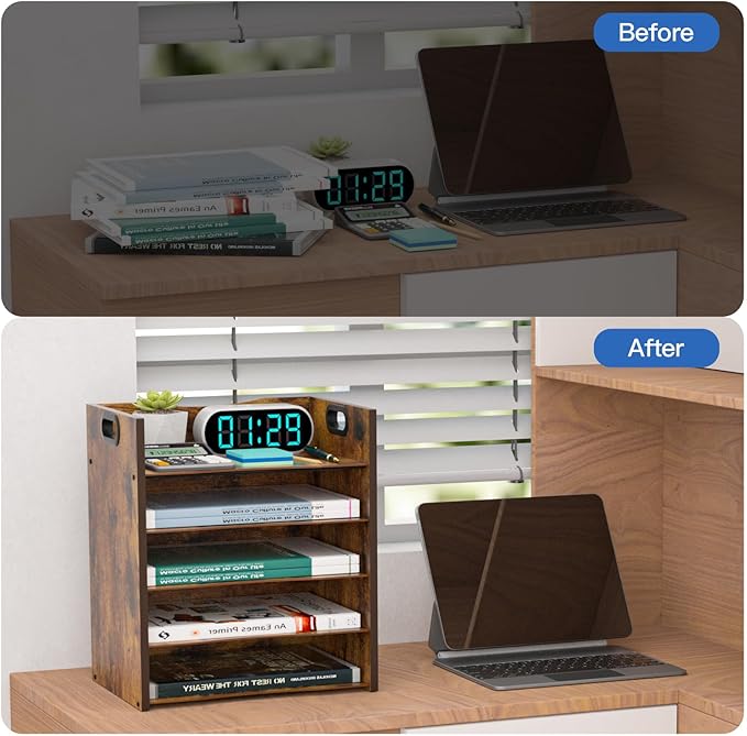 5-Tier Wood Paper Organizer, File Holder for Desk With Handle - Wooden Paper Letter Tray, Desk Organizer and Accessories, File Cabinet for Home Office, School