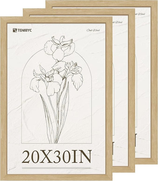 20x30 Frame Set of 3, Natural Oak Wood Poster Frame, Horizontal or Vertical Wall Hanging for Photo, Poster, Map and Puzzle