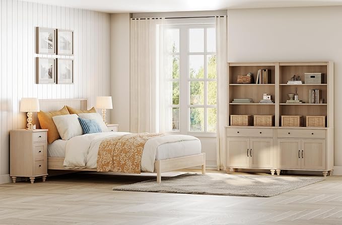 WAMPAT 5 Tier Bookshelf 72" Tall Bookcase with Barn Doors, Large Farmhouse Display Book Shelf with 2 Drawers and Storage Cabinet, Library Wood Bookshelves for Living Room,Kitchen, Light Oak(2PCS)