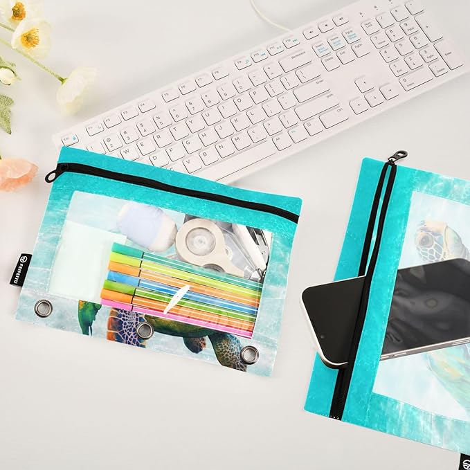 Sea Turtle Pencil Pouch for 3 Ring Binder, 2 Pack Waterproof Pencil Bags Clear Window Zipper School Office Supplies
