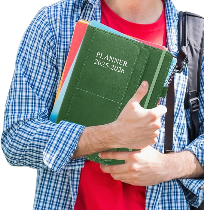 Planner 2025-2026 - 18 Months Academic Planner 5.8" x 8.5", 2025-2026 Weekly & Monthly Agenda with Pen Holder, Vegan Leather Hard Cover, Green