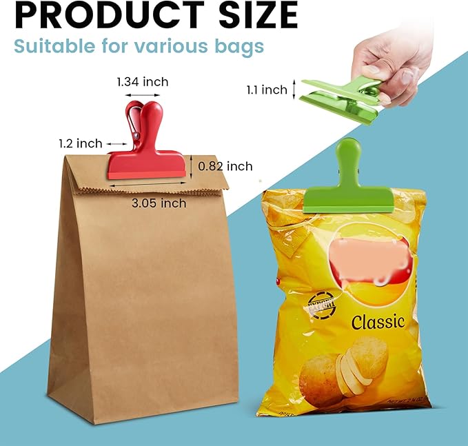 HOUSE AGAIN 8 Pack Stainless Steel Chip Bag Clips Covered with Silicone - NO More Sharp Edges - Color Coded for Food Bags - Air Tight Seal, Heavy Duty, 3 Inches Wide, Red, Yellow, Blue, Green