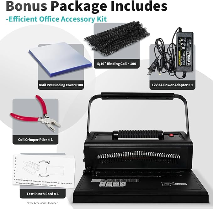 Binditek Spiral Binding Machine, Manual Punch & Electric Coil Inserter, 46 Disengageable Dies, Adjustable Side Margin, with 100 Pack 8Mil PVC Covers, 100 Pack 5/16'' Coils and Plier